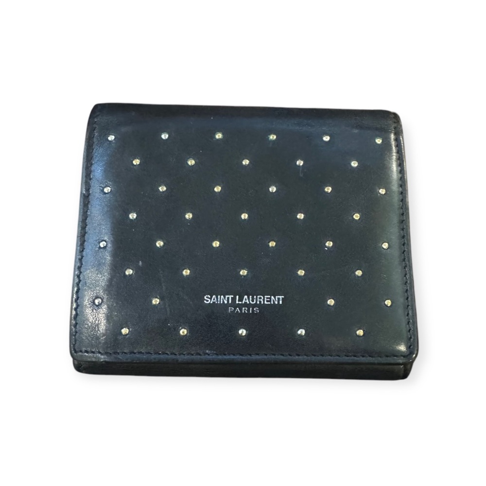 YSL Saint Laurent Studded Leather Wallet Tri-Fold in Black/Gold Unisex